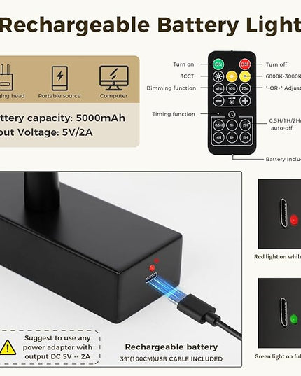 Joosenhouse Battery Operated Picture Light, Rechargeable Wireless Gallery Light with Remote Control, Dimmable & Timer Function, 15.35" Black Wall Lights for Artwork