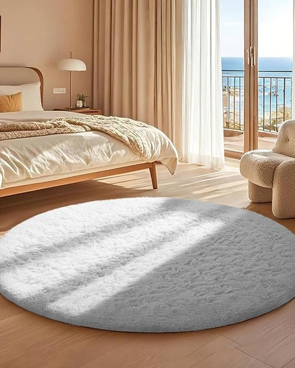 Ophanie Round Rug 4Ft White Circle Area Rug, Aesthetic Room Decor, Fluffy Fuzzy Bedroom Carpet, Plush Soft Shaggy Living Room Rugs for Kids Home Decor, Nursery