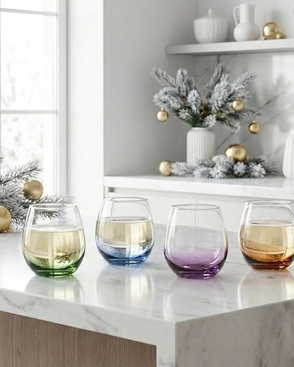 ColoVie 15oz Stemless Wine Glasses Set of 6, Lead-Free Crystal Colored Gradient Wine Glass, Iridescent Ombre Glassware for Red & White Wine, Unique Housewarming & Birthday Gifts for Women