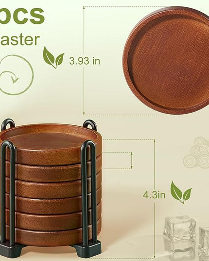Set of 6 Wooden Coasters With Holder - Coffee Table Coasters for Drinks, Modern Home Decor, Dining Table Decorative Set, Cute Beer Bar Rustic Outdoor Wood Coaster