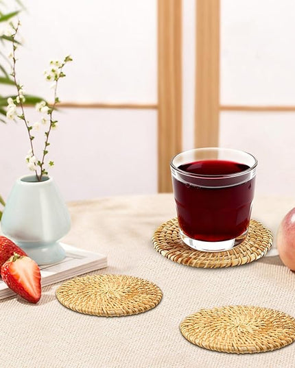 6Pcs Handmade Rattan Coasters with Holder -Woven Coasters for Drinks, Round Rattan Coaster, Rustic Farmhouse Wooden Coffee Table Decor, Kitchen, Dining Room, Housewarming Gift (Brown A)