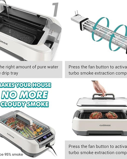 Smokeless Indoor Grill, CUSIMAX Electric Grill, 1500W Korean BBQ Grill with LED Smart Display & Tempered Glass Lid, Non-stick Removable Grill Plate, Turbo Smoke Extractor, White New Model