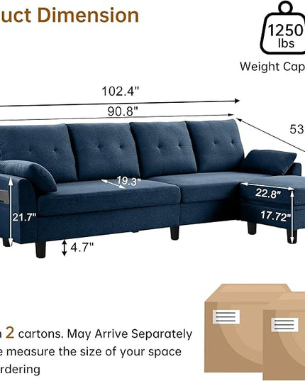 Convertible Sectional Sofa,Modern 4-Seat L Shaped Couch with Storage Ottoman,Linen Fabric Sofa Set for Living Room, Blue