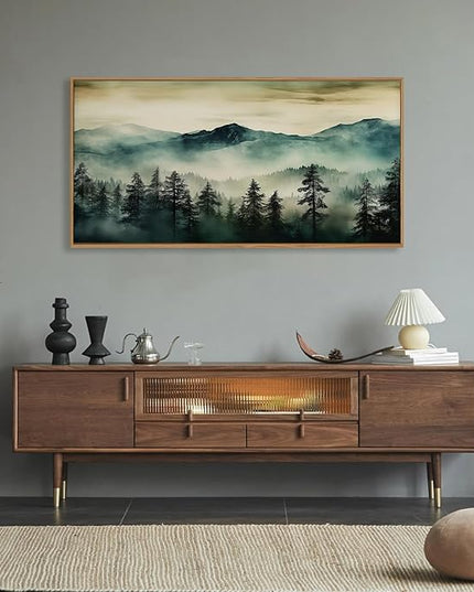 HOURIA Large Boho Mountain Forest Framed Canvas Wall Art Set,Nature Foggy Woodland Wall Decor,Modern Pine Tree Artwork,Watercolor Botanical Art Print for Living Room,Bedroom,Farmhouse- 20"×40"×1