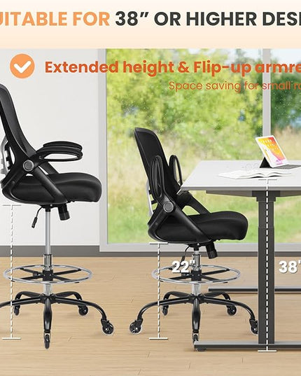 HYLONE Drafting Chair Adjustable, Tall Office Chair Lumbar Support Ergonomic Standing Desk Chair Heavy Duty Tall Drafting Stool for Artists with Footrest Home Office Drafting Stool