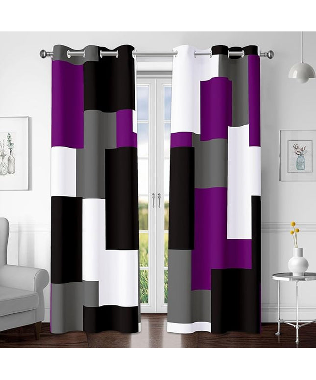 Purple 100% Blackout Curtains for Bedroom 84 inch Length 2 Panels Set Grey Modern Abstract Geometric Black Out Curtains Insulated Room Darkening Window Drapes for Living Room, 42Wx84L