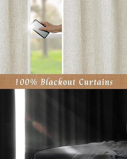 LAMIT Full Blackout Window Linen Curtains for Bedroom, 54 Inches Thermal Window Curtains Back Tab and Rod Pocket Privacy Protected Burlap Panels with White Liner, 2 Panels, 52 x 54 Inch, Stone