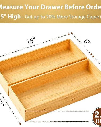 Umilife Bamboo Kitchen Utensils Organizer, Extra High Silverware Drawer Tray, Flatware Cutlery Storage Box, Multi-Use Holder in Office, Bathroom, Pantry - 15"x6"x2.5" (Set of 2)