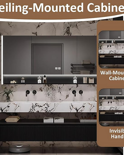 76IN Floating Bathroom Vanity - Bathroom Vanities with Sink, 3 Drawer & Includes LED Smart Mirror | 2 Layer Design, Black Vertical Stripe Bathroom Cabinets