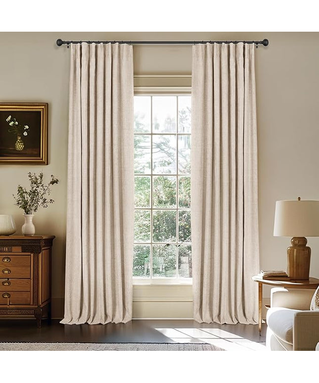 INOVADAY 100% Blackout Curtains for Bedroom, Black Out Curtains 63 Inch Long, Clip Rings Linen Blackout Drapes, Thermal Insulated Room Darkening for Living Room, 2 Panels - Oatmeal,W50xL63