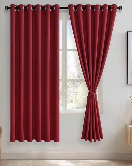 JIUZHEN Red Blackout Curtains with Tiebacks - Thermal Insulated, Light Blocking and Noise Reducing Grommet Curtains for Bedroom and Living Room, Set of 2 Window Curtain Panels, 70 x 72 Inch Length