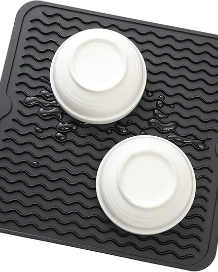 Silicone Dish Drying Mat for Multiple Usage,Easy clean,Eco-friendly,Heat-resistant Silicone Mat for Kitchen Counter or Sink,Refrigerator or Drawer liner Black M 12 inches x 12 inches