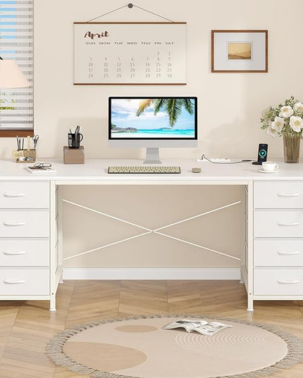60 Inch Computer Desk with 8 Drawers, Home Office Desk with Power Outlets, Work Study Gaming Desk with 8 Fabric Drawers
