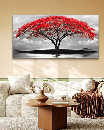 Wapluam Large Canvas Prints Wall Art For Living Room Bedroom Wall Decor Red Tree Landscape Painting Black And White Pictures To Hang Modern Home Decorations For Office Stretched And Framed Artworks