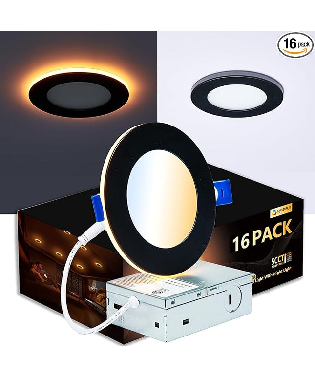 CycevSun 16 Pack Black Recessed Lights 4 Inch with Night Light, Canless Ultra Thin Wafer Soffit Downlight with Junction Box, Dimmable & 5 Color Selectable, 9W, ETL & Energy Star