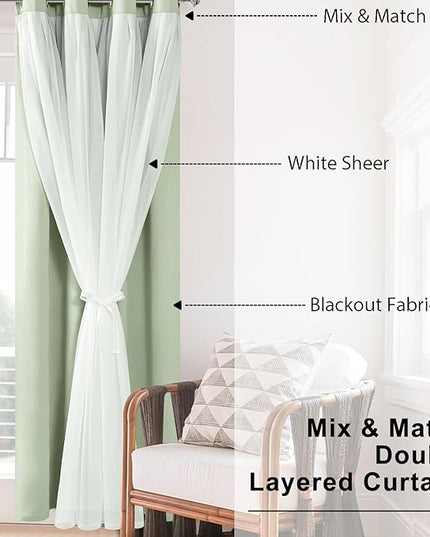 Hiasan Blackout Curtains with Sheer Overlay, Grommet Thermal Insulated Privacy Mix and Match Double Layer Window Curtains for Bedroom, Living Room, 2 Drape Panels with Tiebacks, Seafoam, 52W X 63L