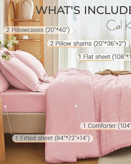 MUXHOMO 7 Pieces California King Comforter Set, Seersucker Bed in a Bag Cal King Size, All Season Luxury Bedding Set with Comforter, Flat Sheet, Fitted Sheet, Pillowcases & Shams, Pink