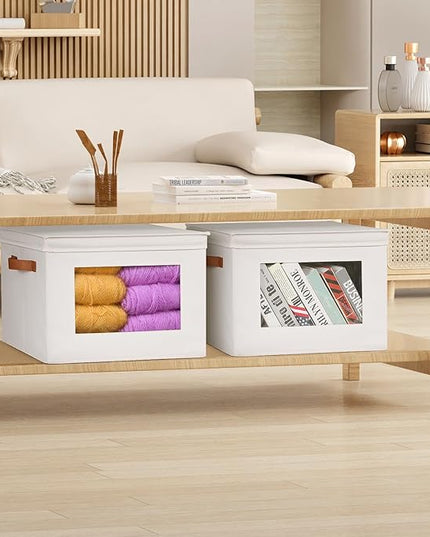 Univivi Storage Boxes with Lids Fabric Foldable Storage Bin for Clothes, [3-Pack] Closet Organizer Containers boxes with Handles for Home, Bedroom, Closet Storage (Beige,17” x 12” x 12")