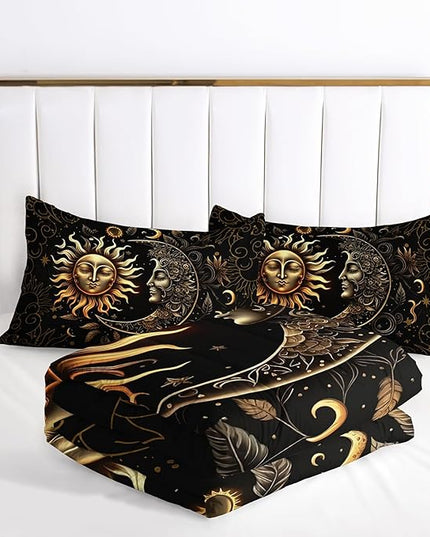 AILONEN Sun and Moon Comforter Set for Boys Girls, Queen Black and Gold Mandala Boho Exotic Style Bedding Set, 3 Pieces Sky Could Star Print Bed in a Bag,1 Comforter with 2 Pillowcases