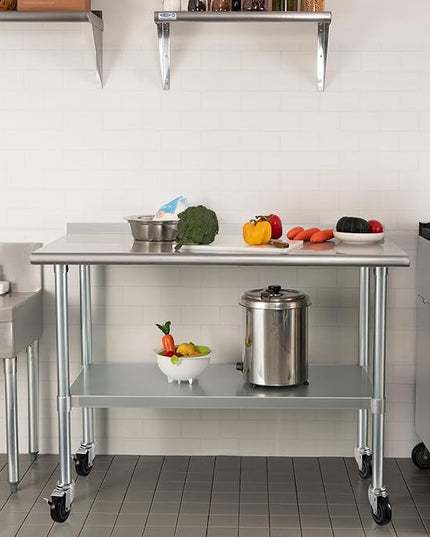 HARDURA Stainless Steel Table 24 x 48 Inches with Wheels Casters NSF Heavy Duty Commercial Prep Table with 2” Backsplash and Adjustable Undershelf for Restaurant Kitchen Home and Hotel