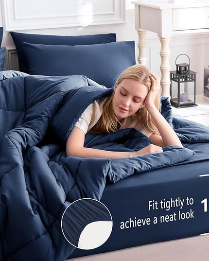 CozyLux Oversized King Comforter Sets Navy Blue, 7 Pieces Bed in a Bag, Ultra-Soft All Season Bedding Sets with Stitch Quilted Comforter, Flat Sheet, Fitted Sheet, Pillowcases, Navy Blue