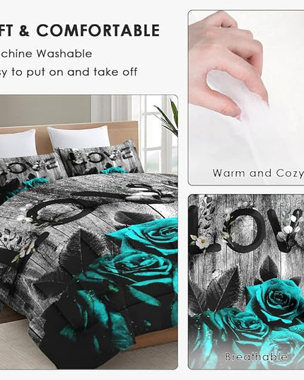 Twin Size Comforter Set with Pillowcase, Cyan Rose Flower Love 2 Pcs Bedding for Kids and Adults, Summer Vintage Woodboard Soft Comforter Set for Bedroom Bed Decor