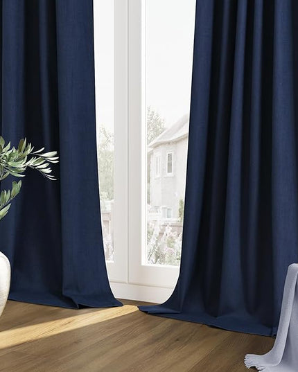 Guken Navy Blue Linen Blackout Curtains 72 Inch Length 2 Panels Set for Living Room Bedroom Back Tab Thermal Insulated 100% Black Out Linen Drapes Room Darkening Window Curtains 72 Inches Long