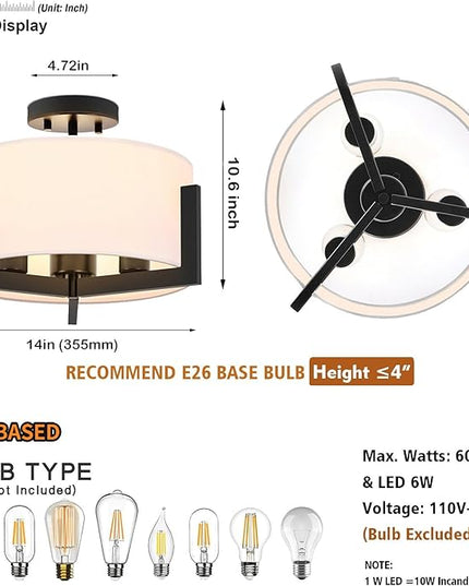 14 inch Black Semi Flush Mount Ceiling Light, 3-Light Modern Lighting Fixtures Ceiling Mount with White Drum Fabric Shade for Bedroom Entryway Hallway
