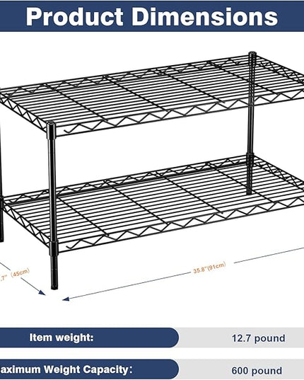 2-Tier Wire Shelving Unit,36" Wx18 Dx19.5 H,Wire Shelves Rack with Lockable Wheels,2 Shelf Height Adjustable Metal Storage for Living Room,Kitchen,Pantry,Closet,Office,Laundry