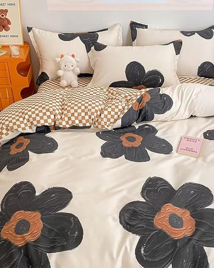 Houseri Black Floral Comforter Set Twin Beige 3D Floral Bedding Comforter Sets Twin Size for Toddler Girls Kawaii Flowers Comforter Cute Relief Print Bedding Beige White Flower Bedding Set Twin