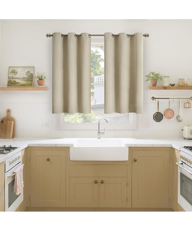 YoungsTex Small Blackout Curtains 45 Inch Length for Bedroom Window - Short Thermal Insulated Drapes with Grommet Privacy for Bathroom Kitchen Windows, 2 Panels, Beige, 34 x 45 Inch