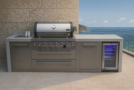 Mont Alpi MAi805-DFCXL 6-Burner 115000 BTU Deluxe Stainless Steel Island Outdoor Kitchen BBQ Gas Grill + Fridge Cabinet + Granite Countertops + + Grill Cover + 25" Right Extra Storage Cabinet