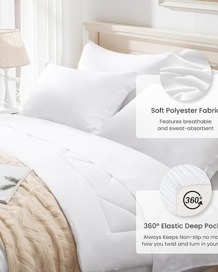 Love's cabin Queen Comforter Set White, 7 Pieces Queen Bed in a Bag, All Season Bedding Sets with 1 Comforter, 1 Flat Sheet, 1 Fitted Sheet, 2 Pillowcase and 2 Pillow Sham