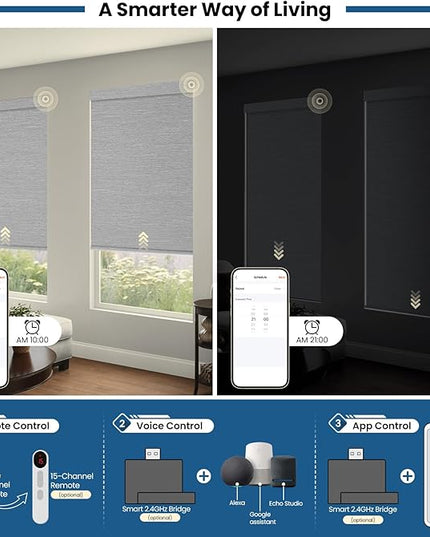 No Drill Motorized Blinds with Remote, Blackout Automatic Blinds with Solar Panel, Cordless Smart Electric Roller Shades for Windows, Grey, 41 x 72
