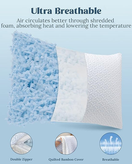 puredown® Cooling Pillows Queen Size 1 Pack, Memory Foam Pillows Adjustable Firm Bed Pillows for Sleeping, Cool Pillow for Hot Sleepers with Zipper Removable Pillow Cover