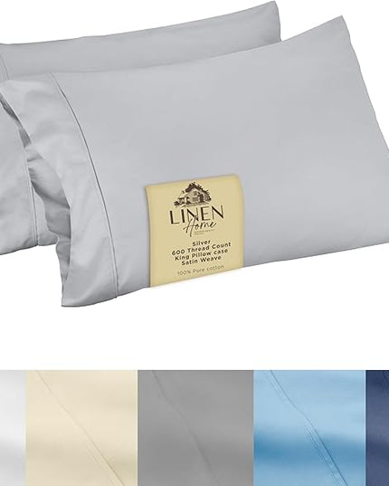 Linen Home 600 Thread Count King Pillowcase Set | 100% Long-Staple Cotton Pillow Cases | Soft & Smooth Luxury Satin Set of 2 Pillowcases | 4 Inch Z Hem | Silver