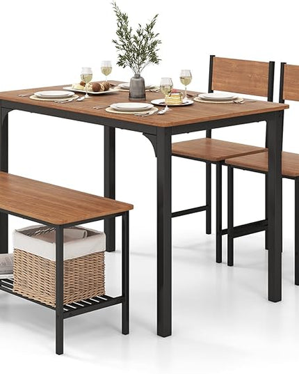COSTWAY Dining Table Set for 4, Rectangular Kitchen Table Set with Bench and 2 Chairs, Storage Rack & Metal Frame, 4-Piece Dining Room Table and Chairs Set for Small Space, Apartment (Brown)