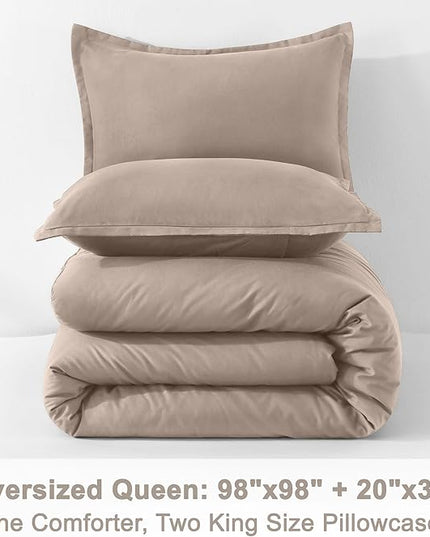 Litanika Light Coffee Comforters Oversized Queen Size, 3 Pieces Lightweight Solid Bedding Comforter Set, All Season Fluffy Bed Set (98x98In Comforter & 2 Pillowcases)