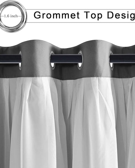 Hiasan Overlay Blackout Curtains 96 inches Long Thermal Insulated Double Layer Blackout Curtains with Tiebacks for Living Room Bedroom, Silver Grey, 42W X 96L,Set of 2