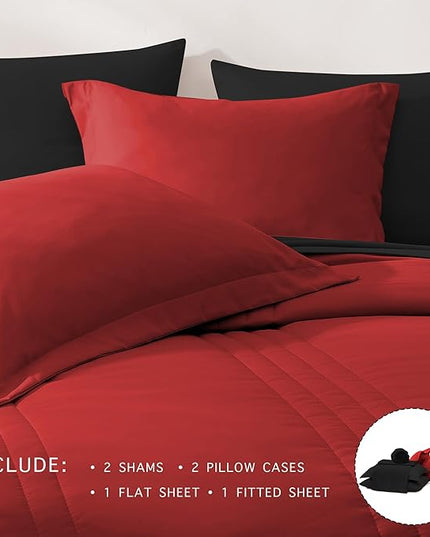 Monbix King Size Comforter Set - 7 Pieces Bed in a Bag King, Bright Red Bedding Sets with Comforter, All Seasons Comforter Bed Set with Sheets, Pillowcases & Shams