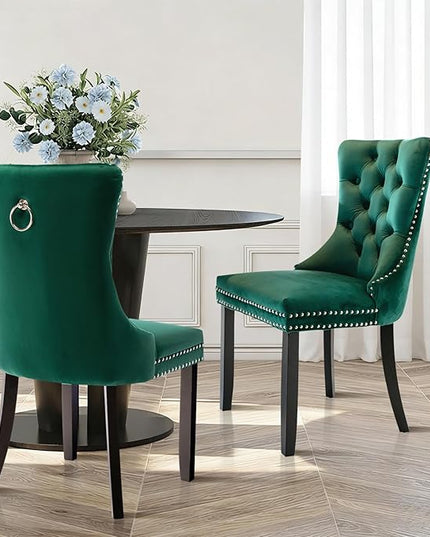 SoarFlash Velvet Dining Chairs Set of 4, Tall Back Side Chair, Modern Upholstered High-end Tufted Side Chair with Button Back Ring, Solid Wood Legs (Green)