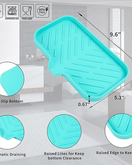 Silicone Bathroom Soap Dishes with Drain Spout-Bathroom and Kitchen Sink Organizer,Sponge Holder,Dish Soap Tray,Perfect for Dispenser,Scrubber,Bottle,Cup on Sink or Counter-Mint 9.6"×5.3"
