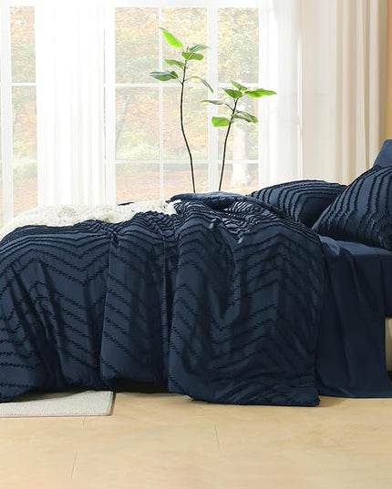Litanika Navy Blue Queen Size Comforter Set with Sheets - 7 Pieces Bed in a Bag Queen Boho Tufted Complete Bedding Sets with Comforter, Sheets, Pillowcases & Shams