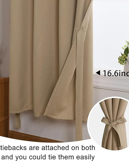 JIUZHEN Short Curtains Kitchen Half Window Blackout Curtains with Tiebacks for Baseroom Shadows, Grommet Curtains for Living Room, Set of 2 Window Curtain Panels, 42 x 30 Inch Length，Camel