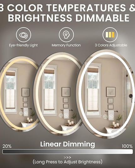 36''x24'' Oval LED Bathroom Mirror with Lights, Anti-Fog, 3 Colors Temperature & Dimmable, Lighted Mirrors for Bathroom Wall with Memory Function