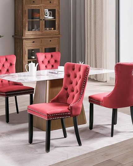 SoarFlash Velvet Dining Chair Set of 4, Upholstered Tufted Dining Room Chair with Nailhead Trim and Solid Wood Leg for Kitchen (Wine Red)