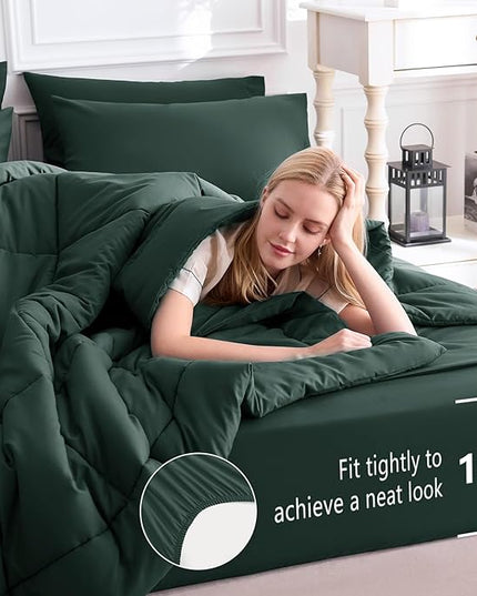 CozyLux Full Size Comforter Sets Forest Green, 7 Pieces Bed in a Bag, Green Comforter Full Size, All Season Bedding Sets with Stitch Quilted Comforter, Flat Sheet, Fitted Sheet, Pillowcases