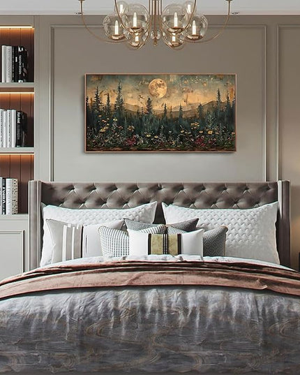 ILLBDR Framed Large Wall Art Vintage Wildflower Wall Art Nature Moon Painting Print Flowers Forest Picture Landscape Rustic Decor Farmhouse Living Room Bedroom Office 20"x40"