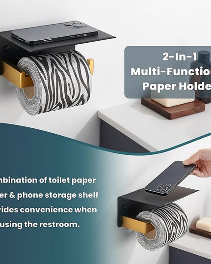 Suyar Toilet Paper Holder with Phone Shelf, SUS 304 Stainless Steel Toilet Paper Roll Holder with Storage Shelf Wall Mount, Black and Gold