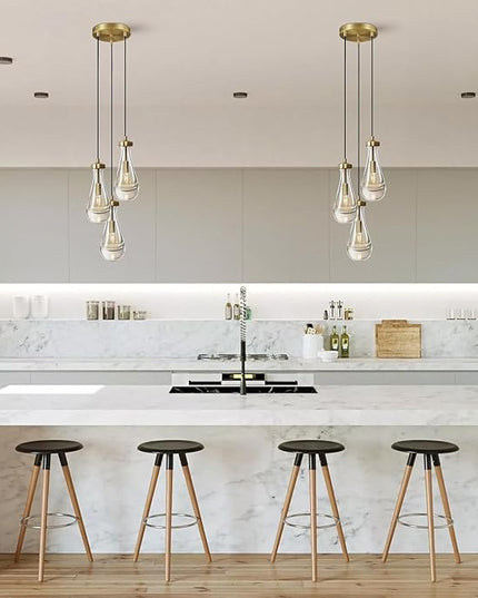 Brass 3 Light Pendant Lighting for Kitchen Island, Raindrop Cluster Pendant Light Fixture, Adjustable Hanging Rope Glass Chandelier Dining Room Light Fixture Ceiling Lamp for Foyer Hallway